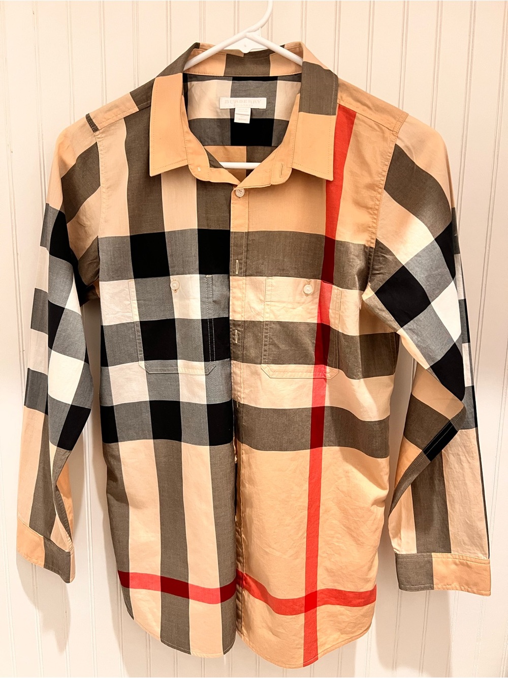 Burberry Beige Plaid Button-Down Shirt with Red Stripe